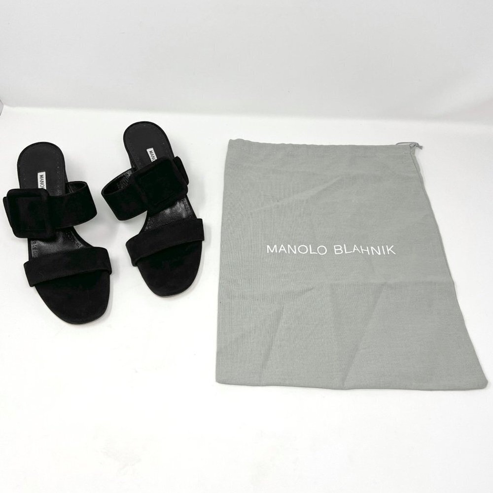 Manolo Blahnik Black Suede Buckle Mules Block Heel 50mm 38 - Picture 9 of 10